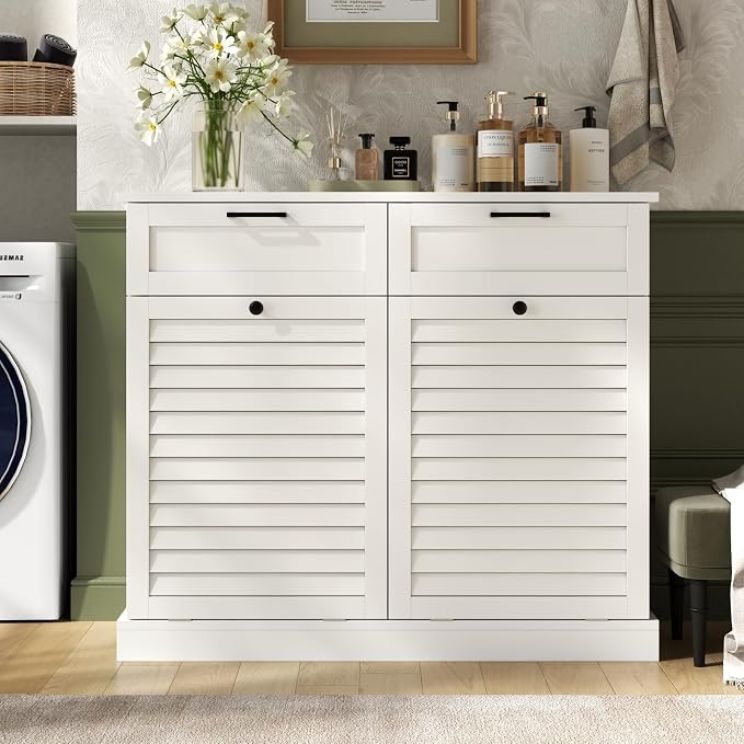 Double Tilt Out Laundry Hamper Cabinet, 30 Gallon Trash Can Cabinet - Image 3