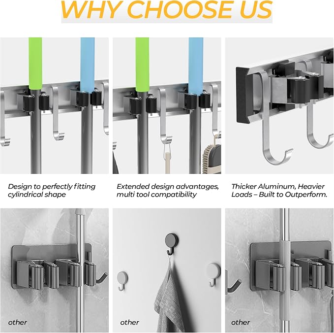 Broom Holder Wall Mount, 4 Star Roller Clips & 5 Extra Long Hooks, Thickened - Image 4