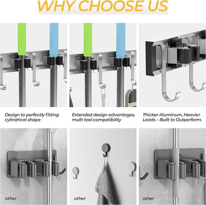 Broom Holder Wall Mount, 4 Star Roller Clips & 5 Extra Long Hooks, Thickened - Image 4
