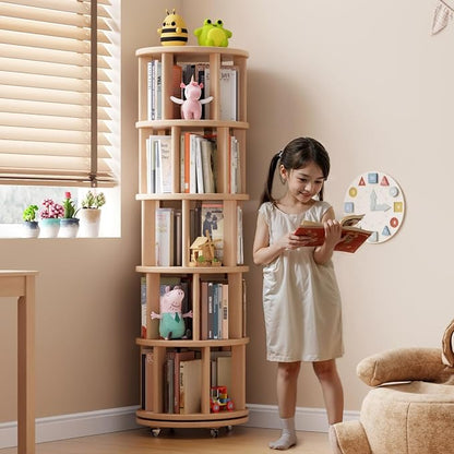 Solid Wood Rotating Bookshelf on Wheels, 5 Tier, Round Revolving Bookcase - Image 3