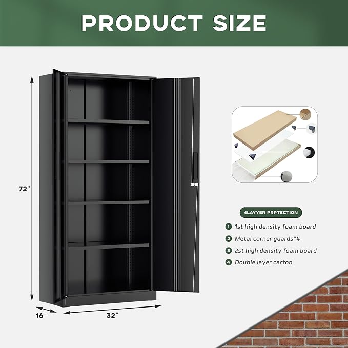 Greenvelly Metal Garage Storage Cabinet, 72” Locking Black Tool Steel Cabinet - Image 3