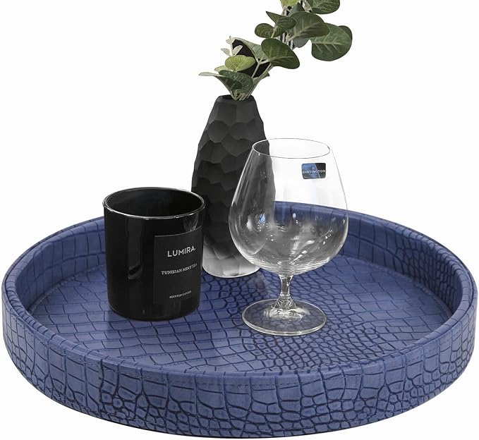 HofferRuffer Faux Leather Round Serving Tray, Vegan Croco Leather Decorative by HofferRuffer