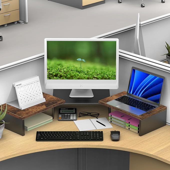 Dual Monitor Stand for Desk, Wooden Monitor Riser, Desk Shelf for Top of Desk - Image 5