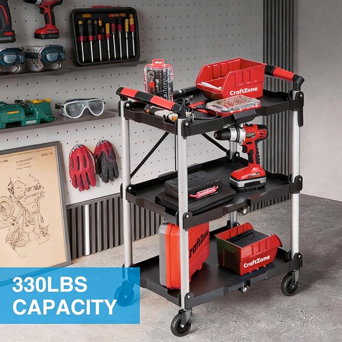 Folding Service Cart, Rolling Utility Cart, 330 LBS Collapsible Service Cart - Image 2
