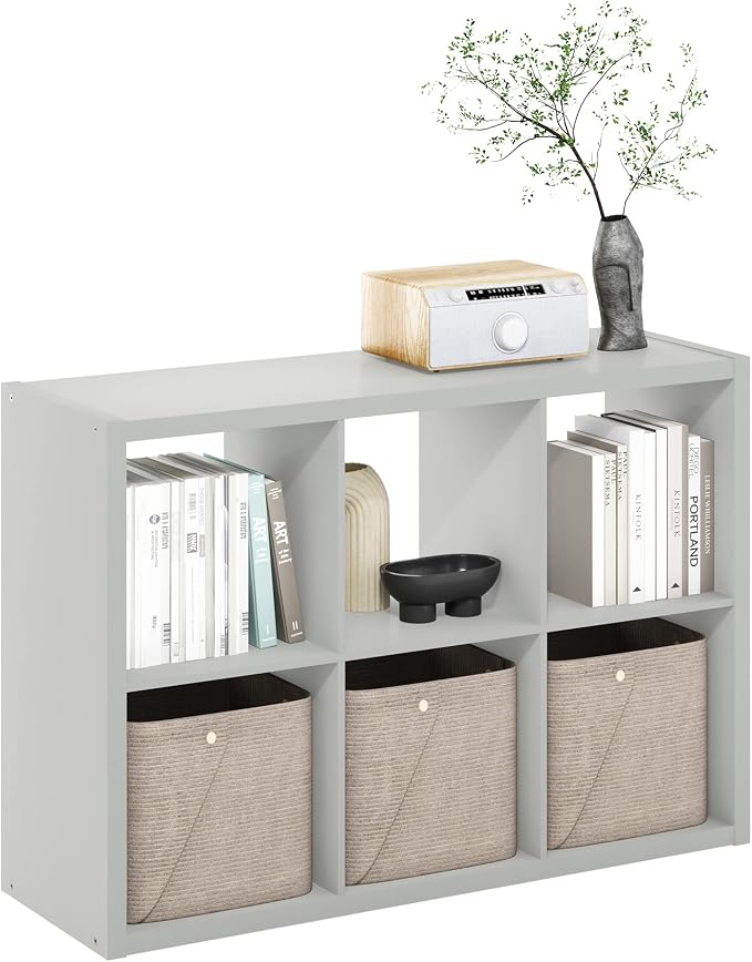 Furinno CUBICLE 6-Cube Book Shelf, Extra Thick Frame Bookshelf, Light Grey | by Furinno-FitsYourSpaceFitsYourBudget