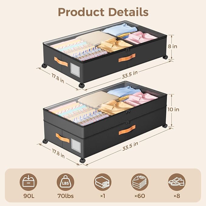 Under Bed Storage with Wheels, Large Capacity UnderBed Containers with Clear - Image 3