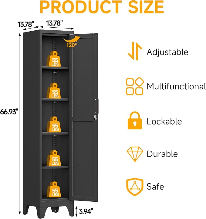67"H Black Metal Locker with 1 Lockable Door and 4 Adjustable Shelves - Image 3