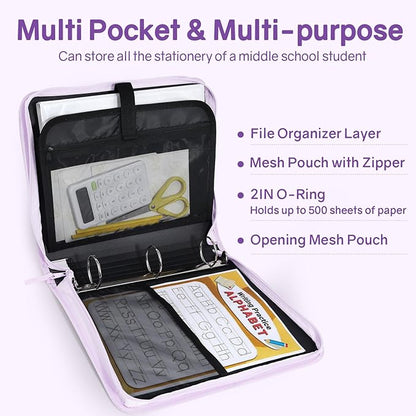 SUNEE Zippered Binder Bag with Handle, 2-Inch 3-Ring O-Ring, 500-Sheet Capacity - Image 3