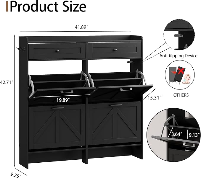 Shoe Cabinet with 4 Flip Drawers & 2 Top Drawers, Hidden Slim Shoe Rack - Image 2