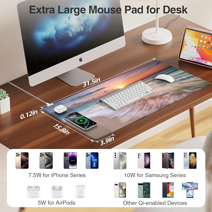 Wireless Charging Mouse Pad, 31.5"x15.8" Large Gaming Desk Mat - Image 3