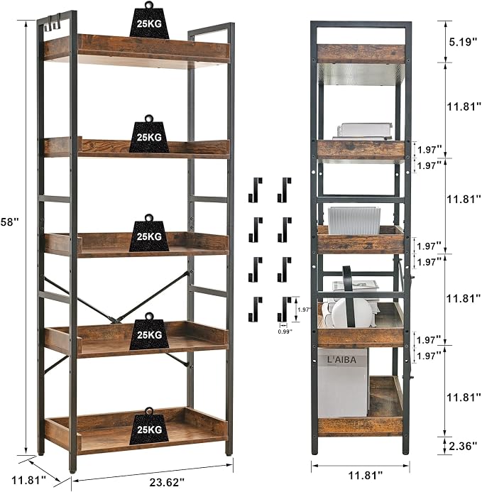 HCHQHS Adjustable 5 Tier Open Bookcase, Rustic Farmhouse Book Shelves, - Image 3