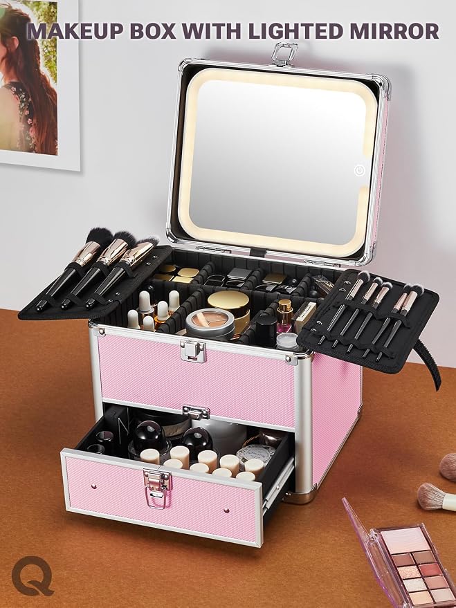 Qislee Makeup Box with Drawer and A Detachable Lighted Mirror, Waterproof - Image 7