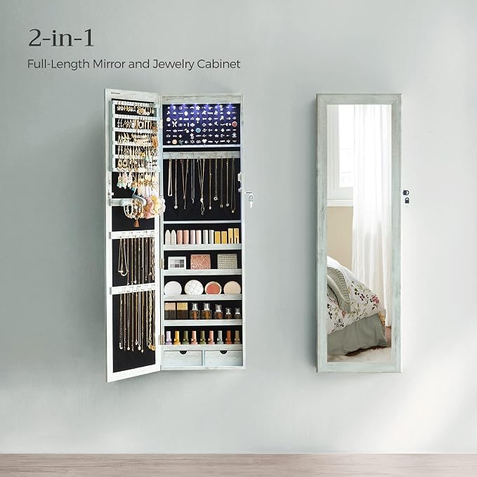 SONGMICS 6 LEDs Mirror Jewelry Cabinet, 47.2-Inch Tall Lockable Wall or Door - Image 3