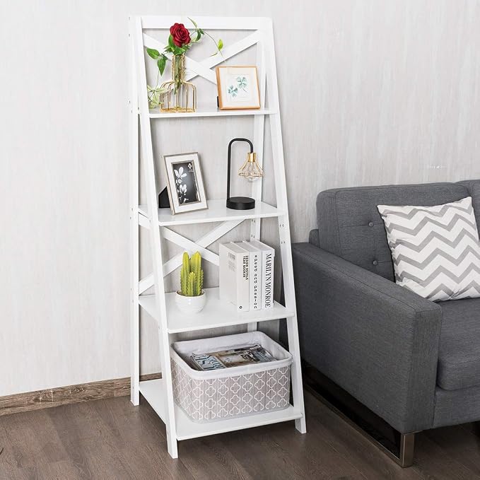 Tangkula 4-Tier Ladder Shelf Bookcase Leaning Free Standing Wooden Frame Decor - Image 5