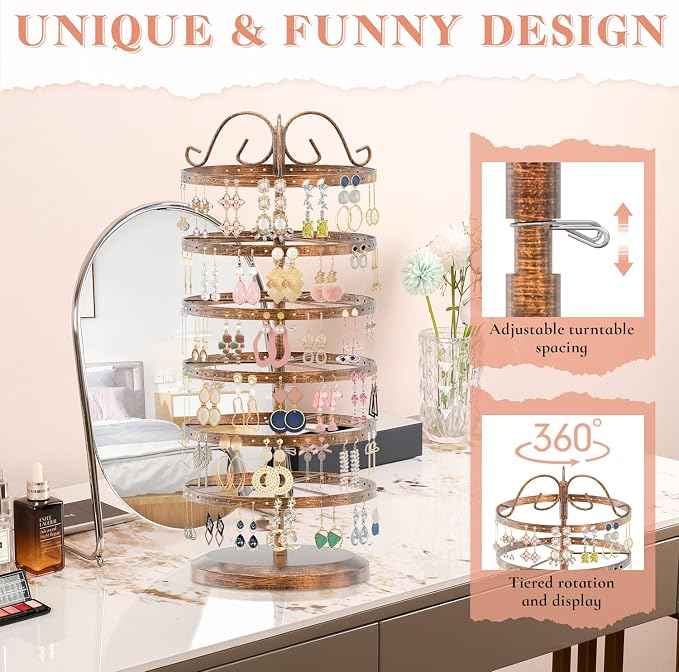 iDavosic.ly 6 Tier Metal Rotating Earring Holder Organizer Stand, Bronze | 264 - Image 5