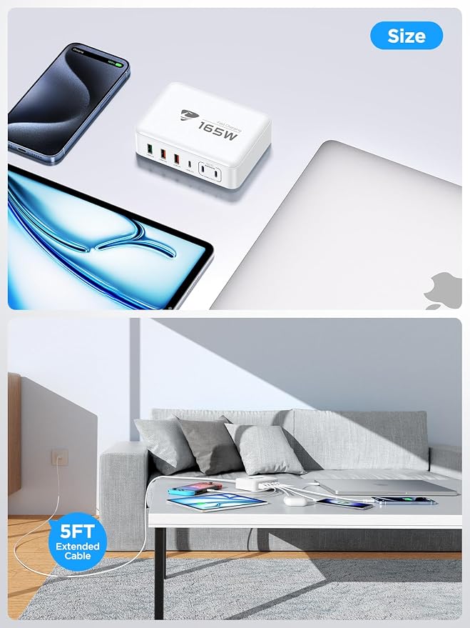 165W USB C Charging Station 6-Port GaN USB C Charger, PD 100W Laptop Hub Wall - Image 7