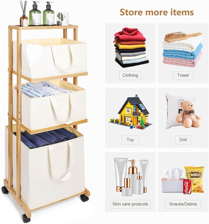 Homde Laundry Basket 3 Tier Bamboo Storage Shelf - Image 8