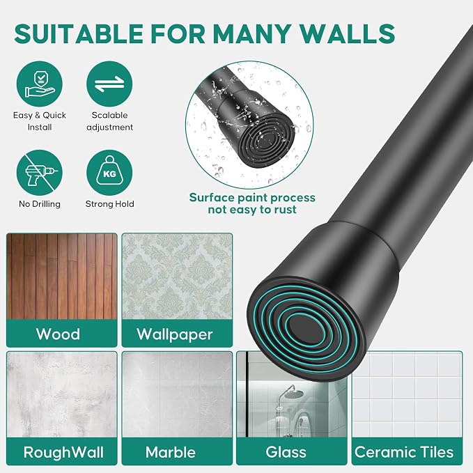 Black Adjustable Shower Curtain Rod 16-28 Inches 2 pc, 7/8" Diameter Anti-slip - Image 5