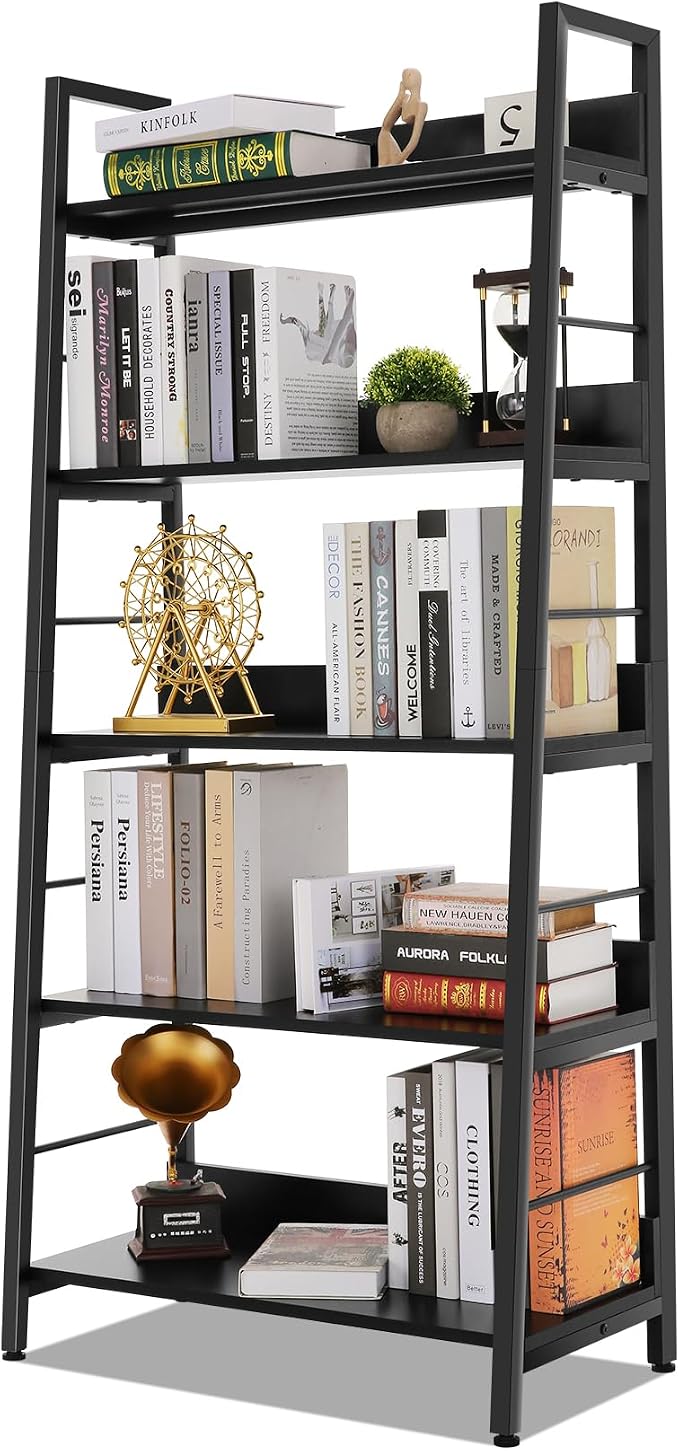Himimi Black Ladder Bookshelf, 5 Shelf Bookcase Industrial Bookshelf Wood and by Himimi