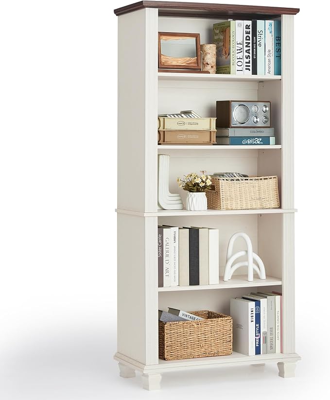 70" Tall White Bookshelf, 5 Tier Wood Book Shelf by SAVORLIFEFurniture