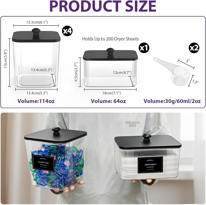 4+1 Pack Clear Laundry Pods Container & Dryer Sheet Holder, Plastic Square - Image 2