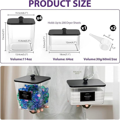 4+1 Pack Clear Laundry Pods Container & Dryer Sheet Holder, Plastic Square - Image 2