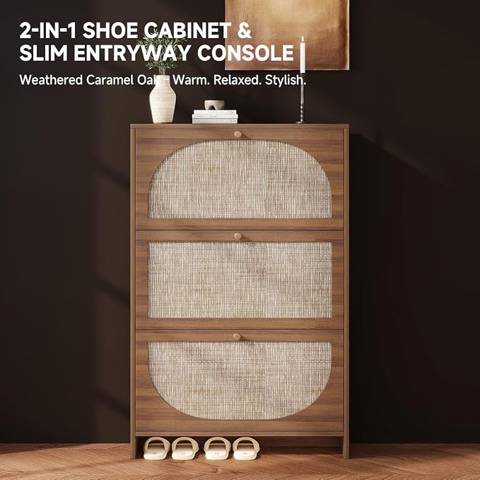 Nicetree Shoe Storage Cabinet for Entryway, Slim Arched Rattan Accent Shoe - Image 3