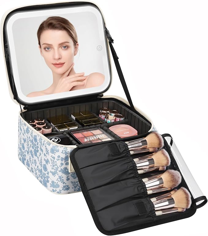 Relavel Travel Makeup Bag with LED Mirror, Floral Train Case with Dividers | by Relavel