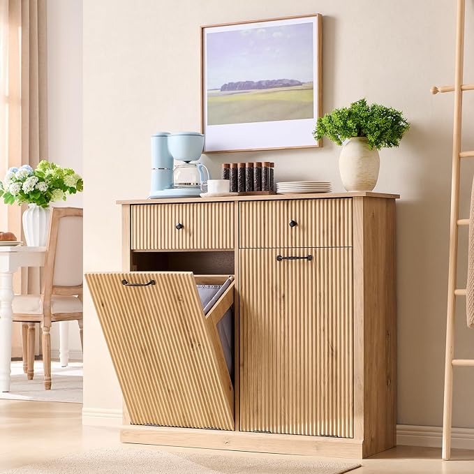 Modern Double Tilt-Out Laundry Hamper Cabinet, 20 Gallon Fluted Trash Can - Image 6