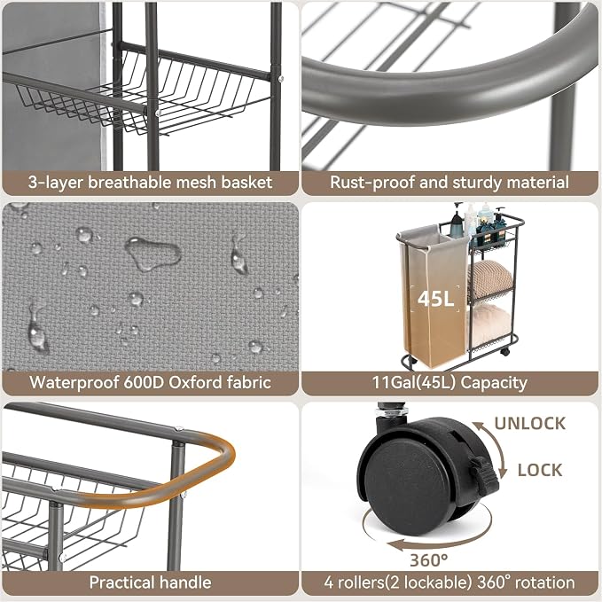 Rolling Laundry Sorter with 3 Storage Baskets and 45 L Bag, 3-Tier Laundry - Image 3