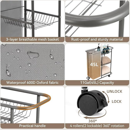Rolling Laundry Sorter with 3 Storage Baskets and 45 L Bag, 3-Tier Laundry - Image 3