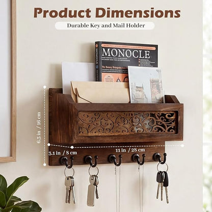 Novabright Mail and Key Holder for Wall Decorative Wall-Mounted Carved Wooden - Image 2