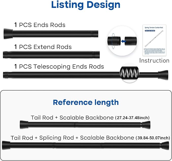 Black Tension Rods for Windows 28 to 48 Inch 4Pack Spring Curtain Rod Tension - Image 2