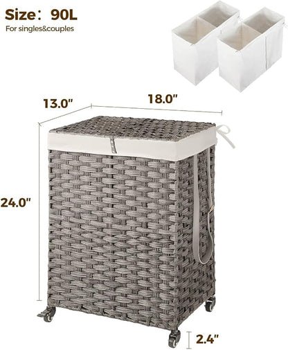 Greenstell Laundry Hamper with Wheels, No Install Needed, 90L Divided Handwoven - Image 5