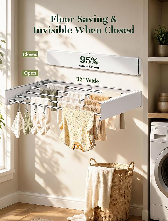 32'' Wall Mounted Clothes Drying Rack, Foldable & Collapsible Wall Mount - Image 2