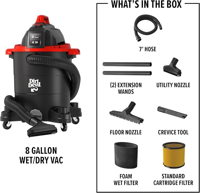 Dirt Devil 8 Gallon Corded Wet Dry Shop Vacuum, Heavy Duty Vacuum - Image 8
