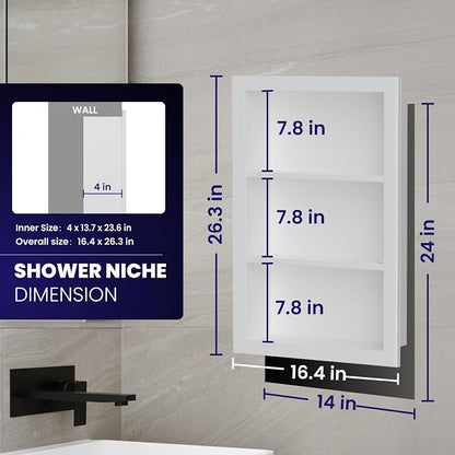 14" x 24" Stainless Steel Shower Niche, 3-Tier Waterproof Shelves, No-Tile - Image 3