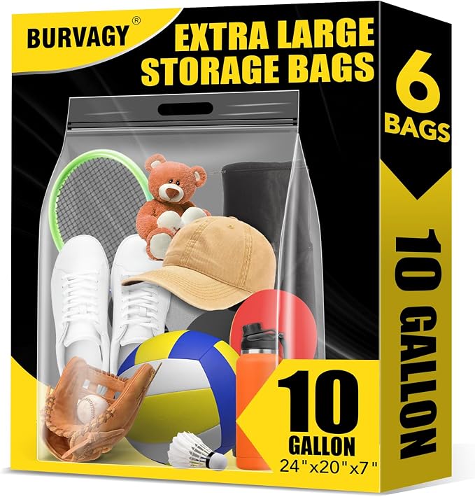 BURVAGY 6Pack Extra Large Plastic Storage Bags 10 Gallons 24"x20"x7" Zero BPA by BURVAGY