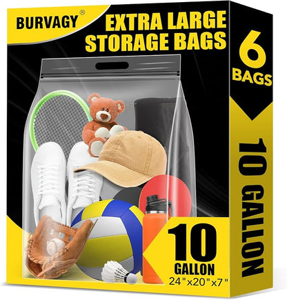 BURVAGY 6Pack Extra Large Plastic Storage Bags 10 Gallons 24"x20"x7" Zero BPA by BURVAGY