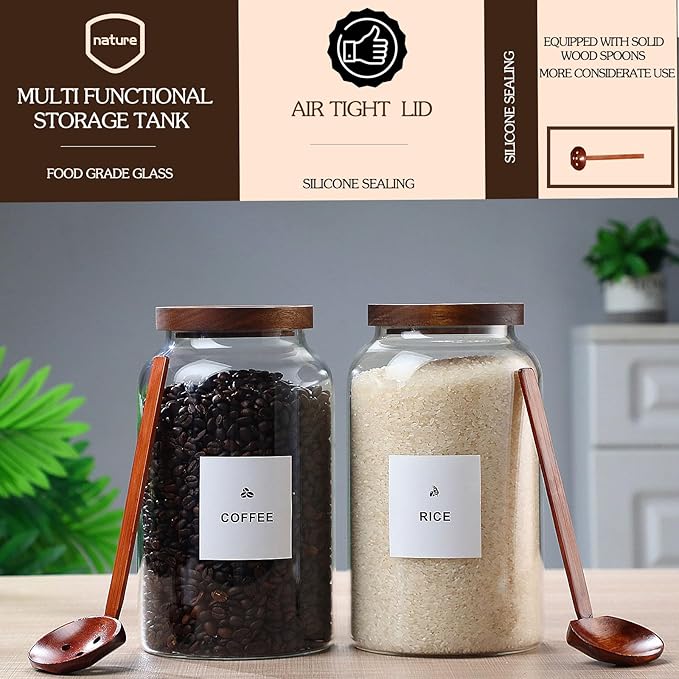 2 PCS Large Glass Jar with Airtight Wooden Lid Clear Glass Canisters with Spoon - Image 5