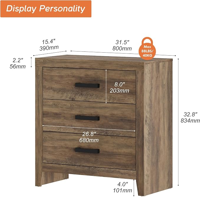 WAMPAT Farmhouse 3 Drawer Nightstand Set of 2, Large Wood Bedside Tables - Image 2