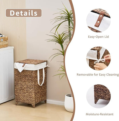 Laundry Hamper with Lid and Removable Liner Bag, Handwoven Natural Hyacinth - Image 3