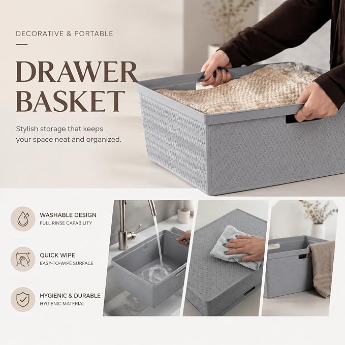 Wide 3-Drawer Plastic Storage Tower, Cross-Weave Decorative Organizer Chest - Image 4