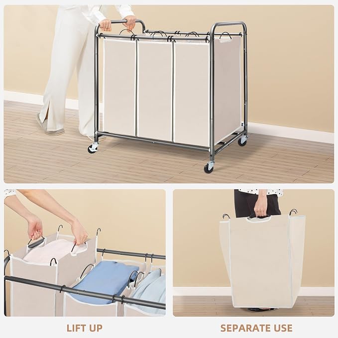 STORAGE MANIAC 3 Section Laundry Sorter, 35.9 Gal Laundry Hamper Cart - Image 4