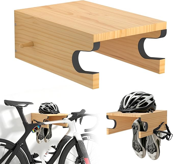 Wooden Bike Wall Mount w/Shelf & Hooks, Road Bike Storage Decor | Solid Wood by MTGSTOCL