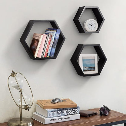 ROSE BLOOM Set of 3 Black Wood Hexagon Shelves - Image 4