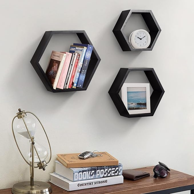 AHDECOR Wall Mounted Hexagon Floating Shelves, Wooden Wall Organizer Hanging - Image 2