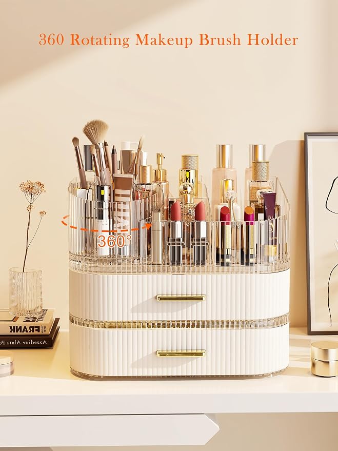 Makeup Organizer with Stackable Drawer, 360 Rotating Makeup Brush Holder - Image 3