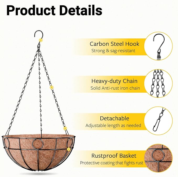 2 Pack Round Hanging Baskets for Plants Outdoor, 12 Inch Metal Wire Planter - Image 4