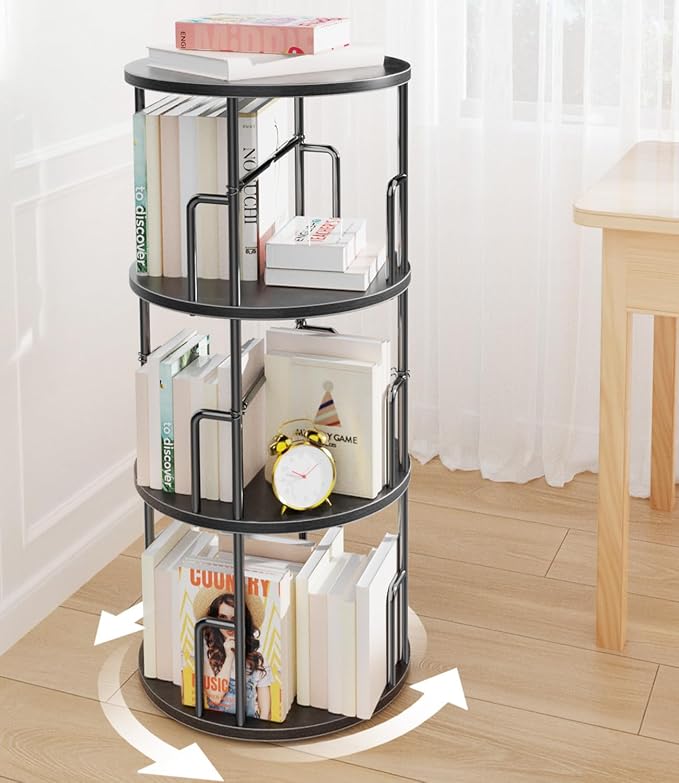 3 Tier Rotating Bookshelf Tower Round Black, 37”Floor Standing Spinning by Amzeth